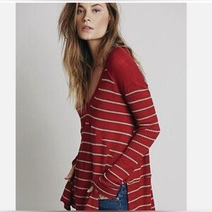 Free People Red and Grey Striped Waffle Knit Oversized Long Sleeve